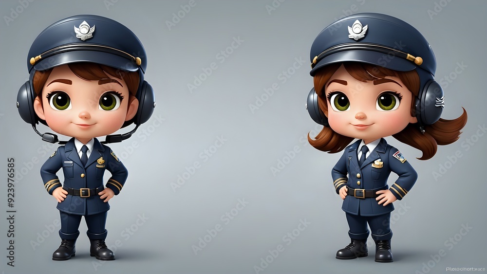 Two adorable cartoon pilots, a boy and a girl, stand at attention, wearing matching uniforms and hats. Two adorable cartoon pilots, a boy and a girl, stand at attention, wearing matching uniforms and hats.