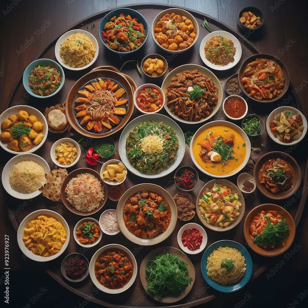 A colorful, artistic representation of traditional dishes from different cultures, arranged in a circle to represent global unity through food. A colorful, artistic representation of traditional dishes from different cultures, arranged in a circle to represent global unity through food.