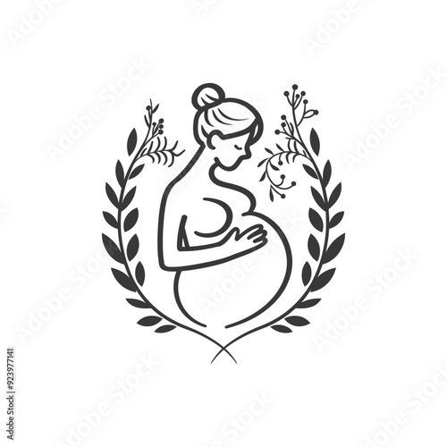 Pregnant Woman Embracing Her Belly Surrounded by Floral Wreath