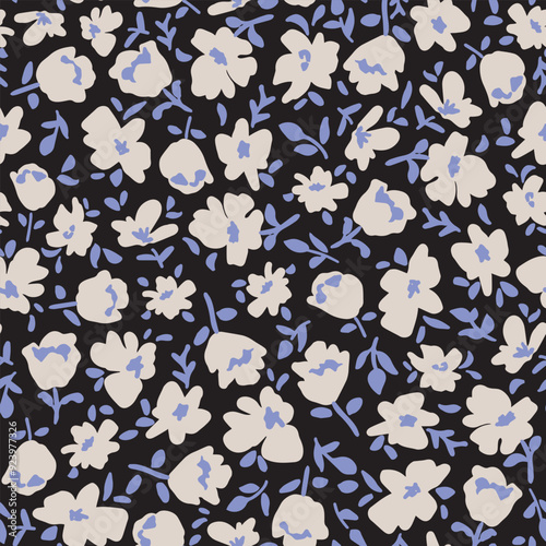 Cute, scandinavian flowers with leaves seamless repeat pattern. Random placed, vector botany aop, all over surface print on black background.