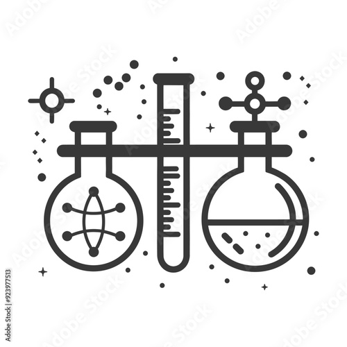 Scientific Experiment with Beakers, a Graduated Cylinder, and Molecular Structures