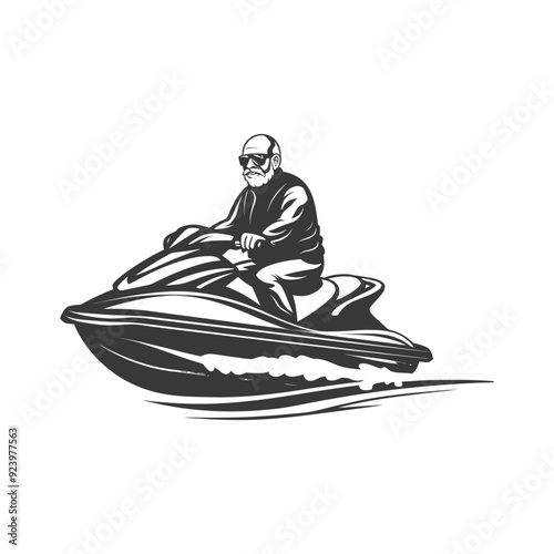 Senior Man Riding A Jet Ski In The Water