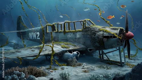 ww2 fighterplane lies abandoned in the middle of an ocean reef, its metal frame rusting and covered in coral wallpaper created with generative ai. photo