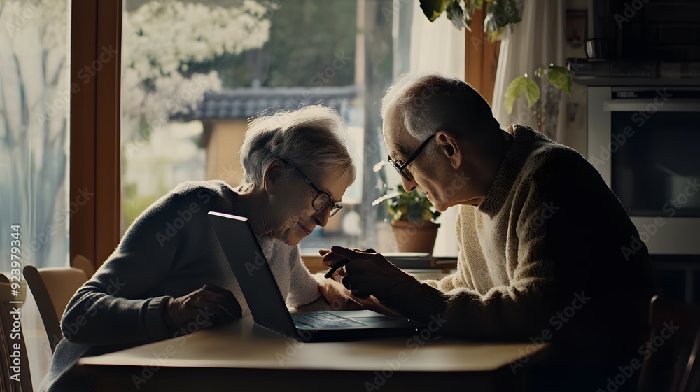 A senior couple uses a computer together. A senior couple uses a computer together.