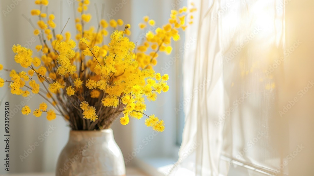 Yellow Mimosa blossoms arranged in a vase creating a beautiful spring bouquet Yellow Mimosa blossoms arranged in a vase creating a beautiful spring bouquet