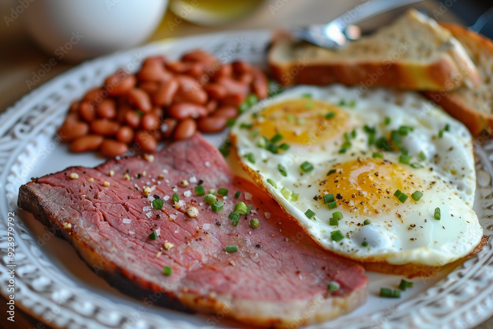Delicious Breakfast Plate with Eggs, Ham, and Beans Delicious Breakfast Plate with Eggs, Ham, and Beans