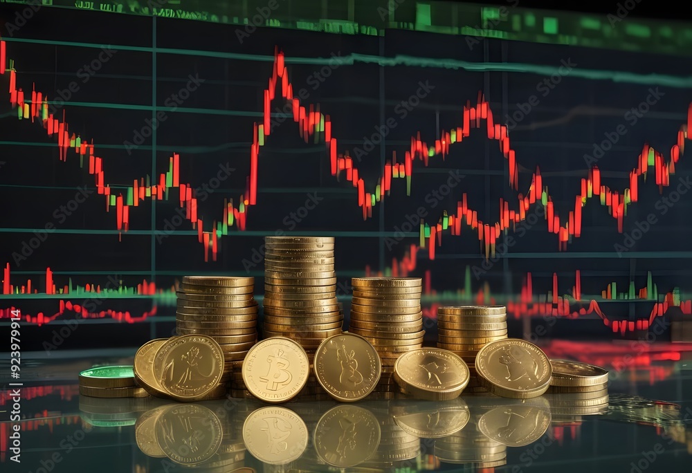 Stacks of gold coins in front of a stock market chart, representing financial investment and trading Stacks of gold coins in front of a stock market chart, representing financial investment and trading