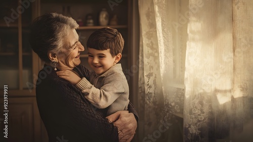 A grandmother and her grandson share a loving embrace, captured in a warm and intimate moment.