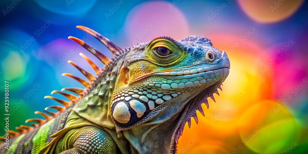 Fototapeta premium Green Iguana Portrait with Colorful Bokeh Background, Reptile, Iguana, Bokeh, Macro