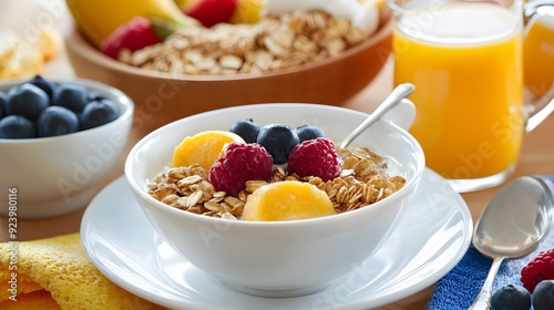 A bowl of cereal with fruit and milk for breakfast. photo