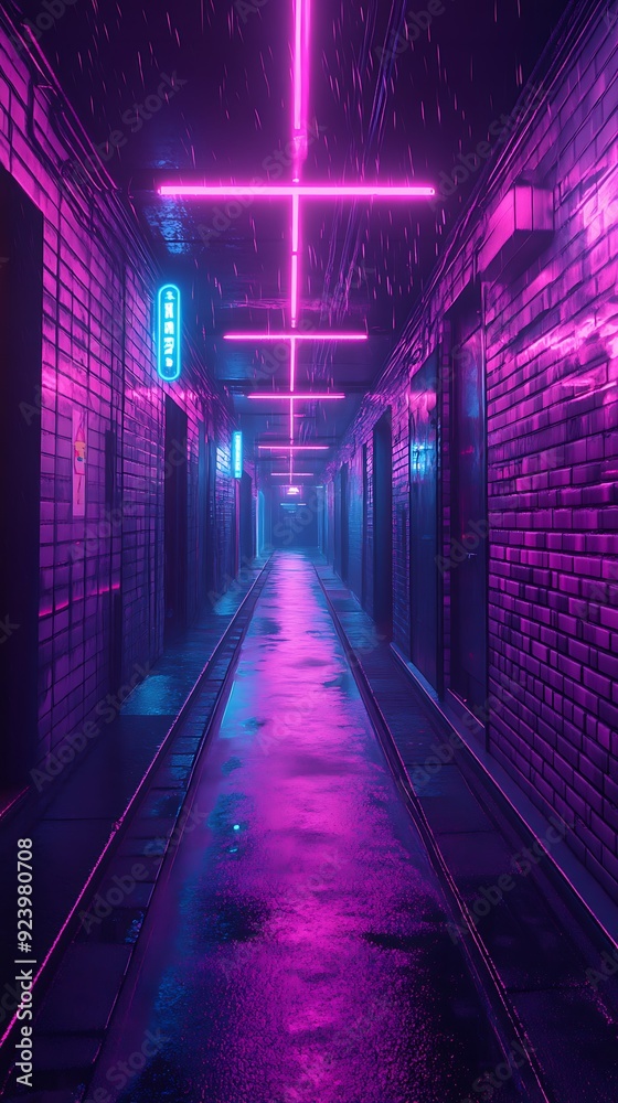 Neon-Lit Brick Alleyway with Wet Pavement Neon-Lit Brick Alleyway with Wet Pavement