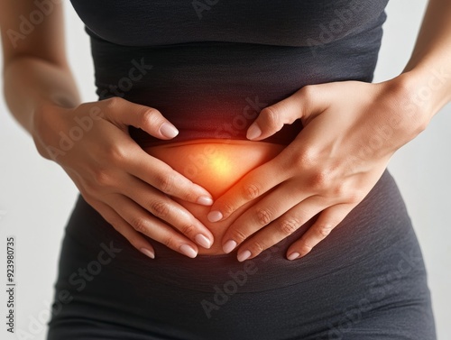 woman presses hands to stomach, stomach pain, illness, critical days, flatulence, close-up, realistic photo, banner, background.