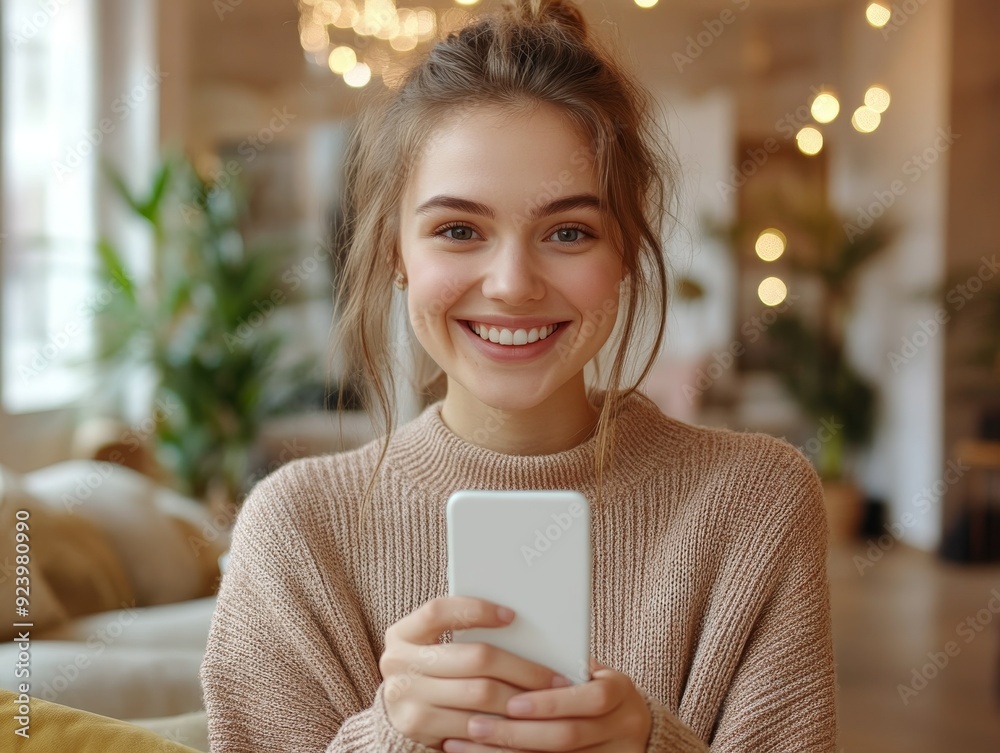 smiling young woman with phone in hands in living room, close-up, realistic photo, banner, background.
smiling young woman with phone in hands in living room, close-up, realistic photo, banner, background.