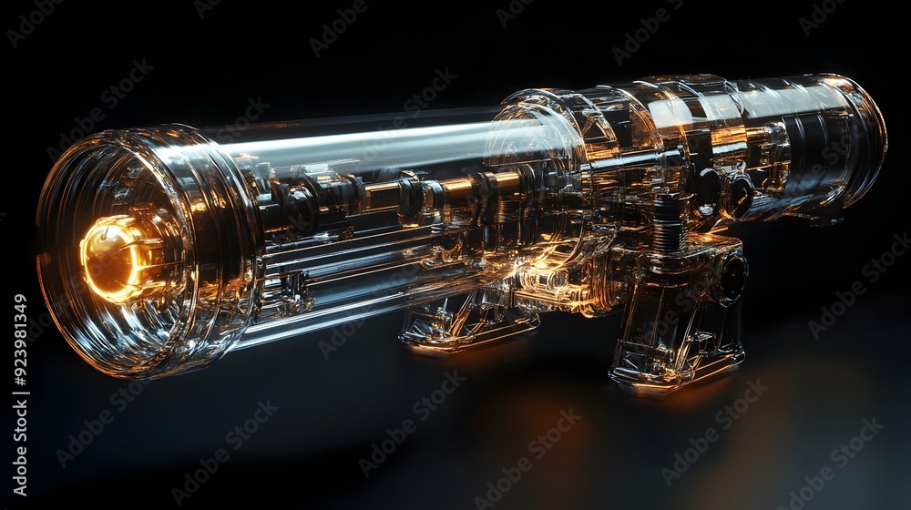 Naklejka premium Transparent Glass Cannon with Glowing Cannonball and Visible Internal Mechanisms