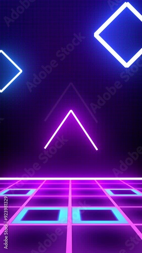 Retro style 80s-90s futuristic grid wireframe backdrop. Digital landscape neon dance style retro party laser pattern background.	