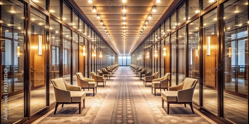 Illuminated Corridor with Glass Walls and Upholstered Chairs, Interior Design , Architectural Photography , Modern Design , Luxury