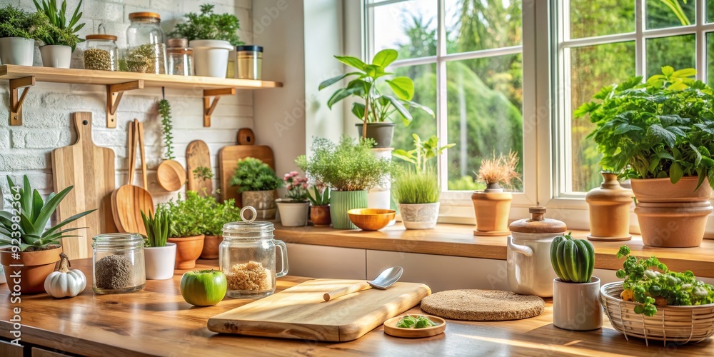 Kitchen Windowsill with Plants, Wooden Utensils and a Green Apple, glass jar, wooden cutting board, kitchen decor , green plants, kitchen Kitchen Windowsill with Plants, Wooden Utensils and a Green Apple, glass jar, wooden cutting board, kitchen decor , green plants, kitchen