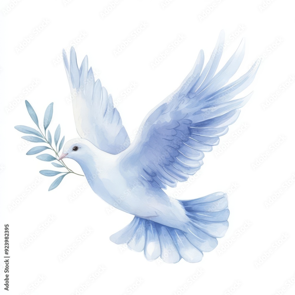 Obraz premium A dove flying with an olive branch, symbol of freedom, soft watercolor style, white and blue tones, isolated on white background
