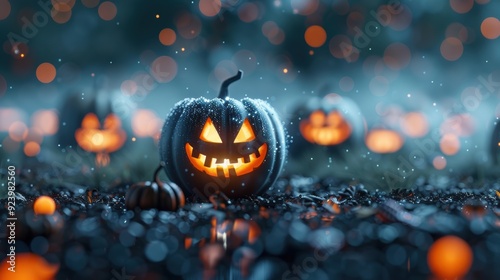 A group of intricately carved Jack-o'-Lanterns glowing warmly in the dark, surrounded by pumpkins of various sizes, creating a classic Halloween scene.