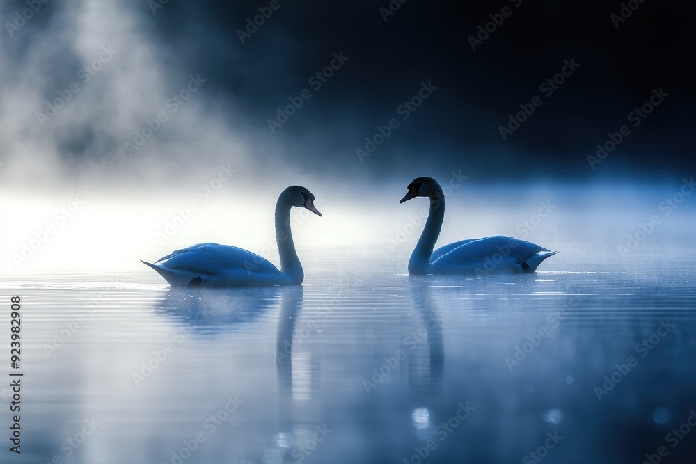Tranquil scene of elegant swans gliding in misty cove at dawn Tranquil scene of elegant swans gliding in misty cove at dawn