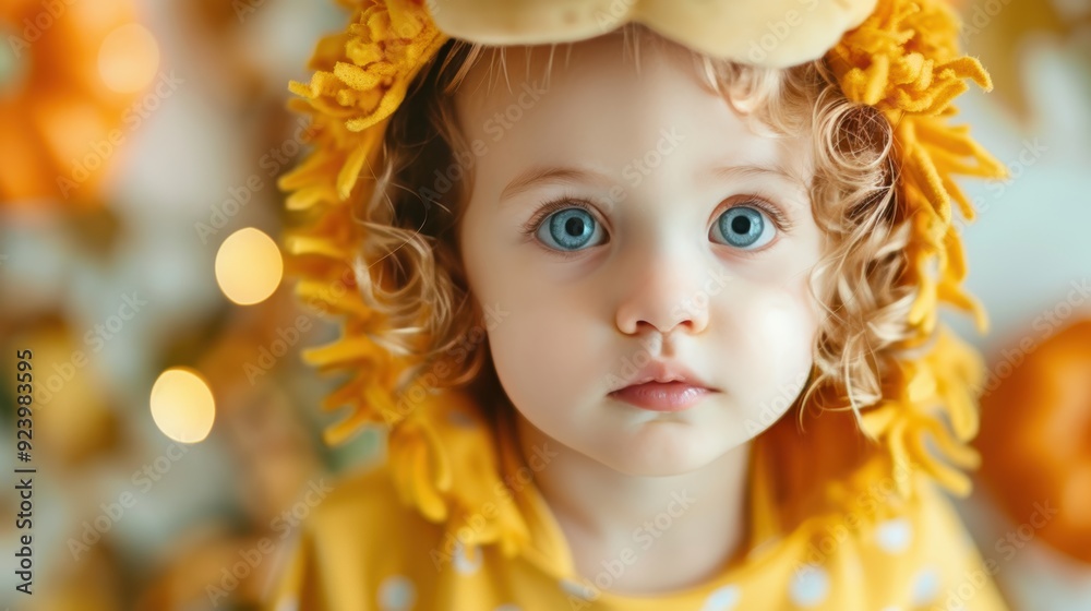 Fototapeta premium A close-up of a cute toddler in a lion costume, sitting among pumpkins and Halloween decorations, with a curious expression on their face.