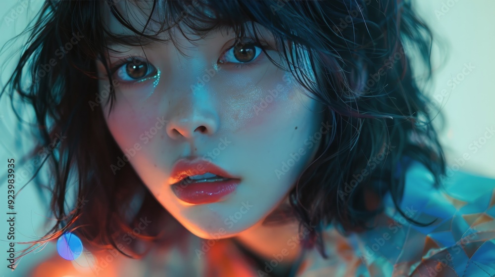 Portrait of a Model With Neon Makeup and Vibrant Lighting in a Studio Setting Portrait of a Model With Neon Makeup and Vibrant Lighting in a Studio Setting