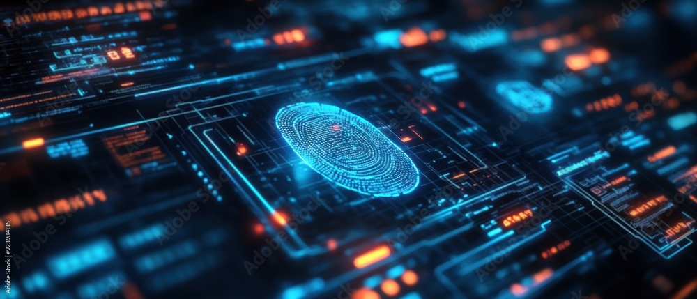 Obraz premium A high-tech digital scene featuring a glowing fingerprint surrounded by intricate circuit patterns and glowing data elements, illustrating themes of security and technology