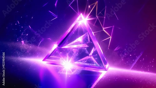 Glowing neon triangle geometric shapes digital abstract background futuristic design vibrant colors energy visual effects luminous crystal reflection dynamic animation

