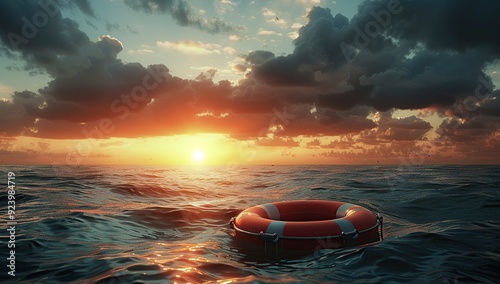 A life preserver floating in the ocean at sunset photo