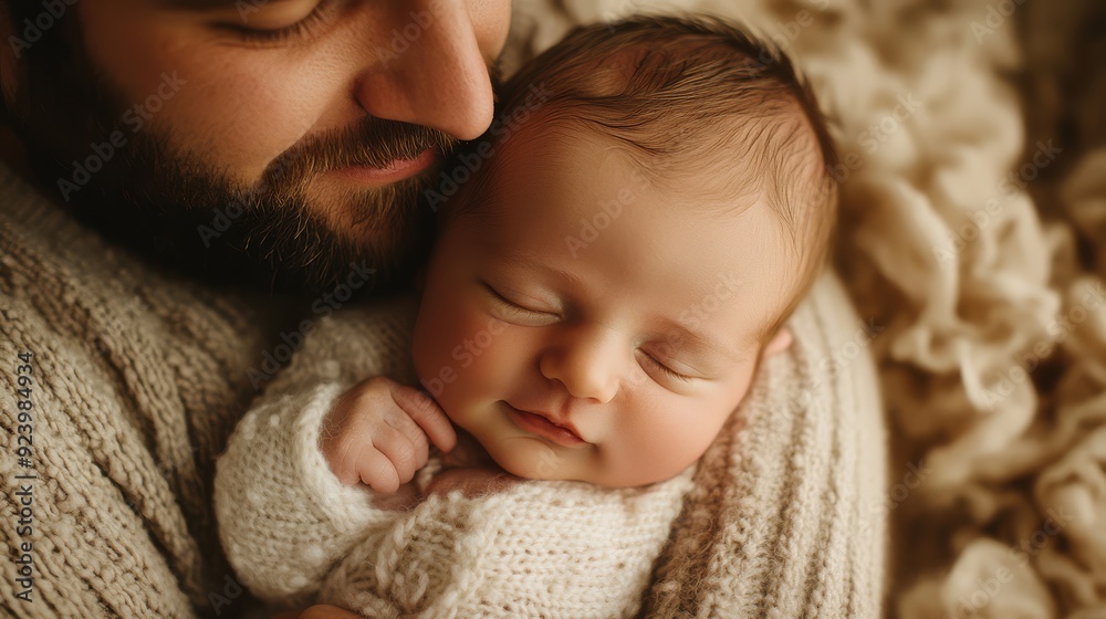 A father holds his peacefully sleeping baby close, radiating warmth and love A father holds his peacefully sleeping baby close, radiating warmth and love