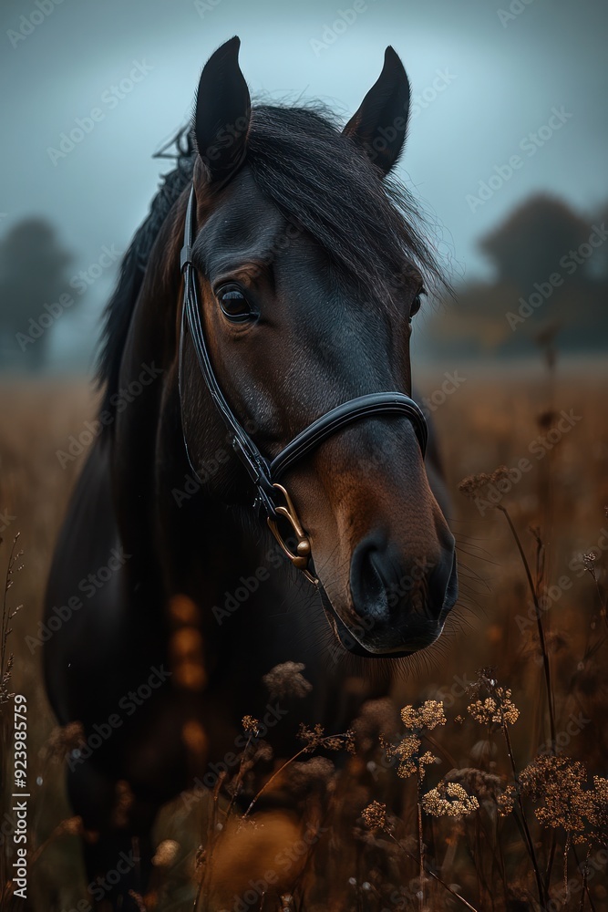 Obraz premium Majestic Brown Horse Running Through a Flower Field - A stunning image of a brown horse galloping through a field of yellow flowers, capturing the grace and power of the animal in motion.