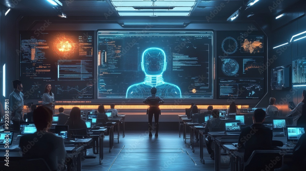 Futuristic Classroom with Interactive AI Teaching: A classroom where an AI teacher interacts with students. Futuristic Classroom with Interactive AI Teaching: A classroom where an AI teacher interacts with students.