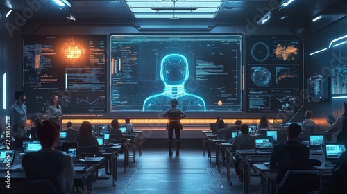 Futuristic Classroom with Interactive AI Teaching: A classroom where an AI teacher interacts with students.