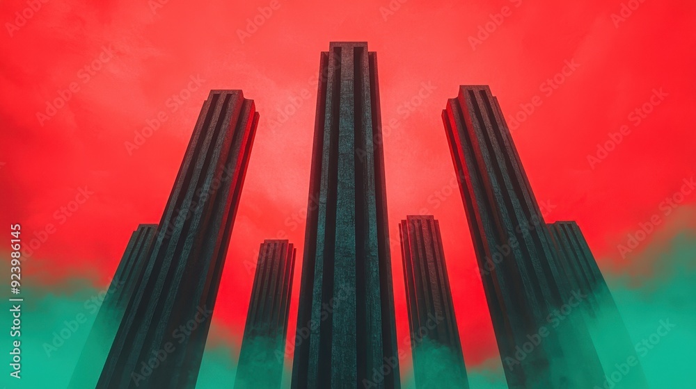 A dramatic silhouette of towering skyscrapers against a vibrant red and green sky, evoking a sense of urban surrealism. A dramatic silhouette of towering skyscrapers against a vibrant red and green sky, evoking a sense of urban surrealism.