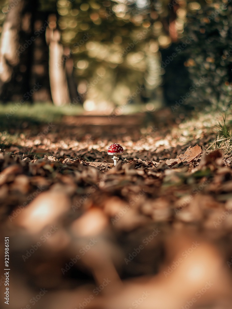 Red spotted mushroom among autumn leaves. Amanita muscaria. Poisonous fungi in forest. Closeup view with copy space and vibrant fall colors. Red spotted mushroom among autumn leaves. Amanita muscaria. Poisonous fungi in forest. Closeup view with copy space and vibrant fall colors.