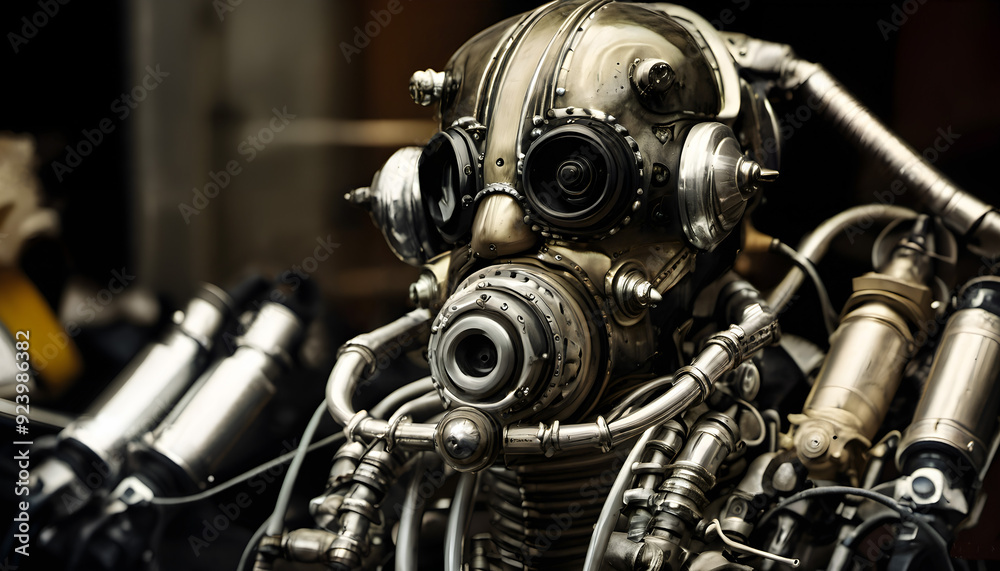 Intricate Steampunk Robot Head with Detailed Metallic Components Intricate Steampunk Robot Head with Detailed Metallic Components
