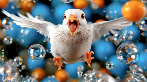 A lively bird in flight, surrounded by colorful bubbles and vibrant orbs, capturing joy and freedom in a dynamic scene. photo