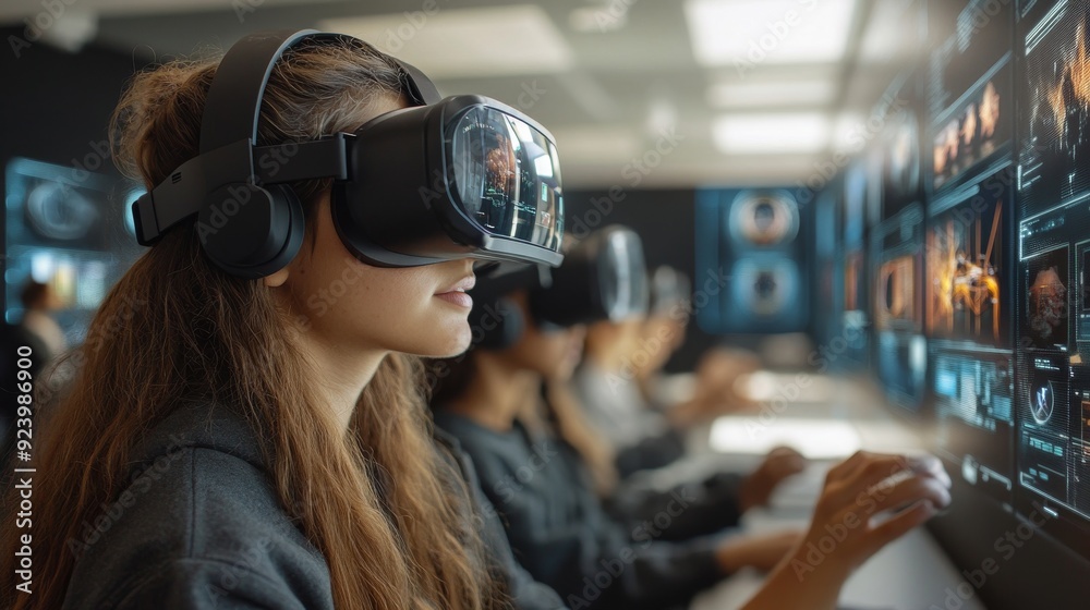 Futuristic Classroom with Virtual Labs: Students conducting experiments in virtual reality labs. Futuristic Classroom with Virtual Labs: Students conducting experiments in virtual reality labs.