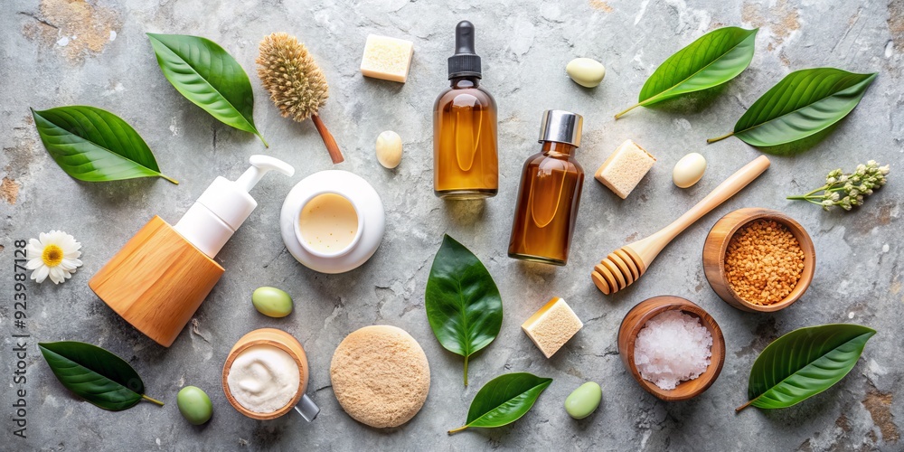 Natural Spa Essentials Top View of Organic Beauty Products, Leaves, and Minerals on a Gray Background, organic , natural , beauty , spa Natural Spa Essentials Top View of Organic Beauty Products, Leaves, and Minerals on a Gray Background, organic , natural , beauty , spa
