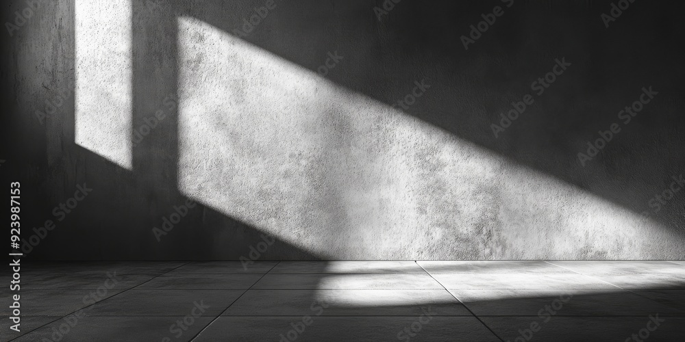 Obraz premium The minimalist design features a sleek concrete wall and floor, softly illuminated to create gentle shadows, perfect for product presentations and focused advertising that stands out