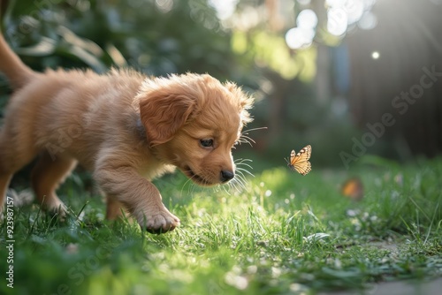 A playful puppy exploring a backyard for the first time, sniffing the grass and chasing after butterflies photo