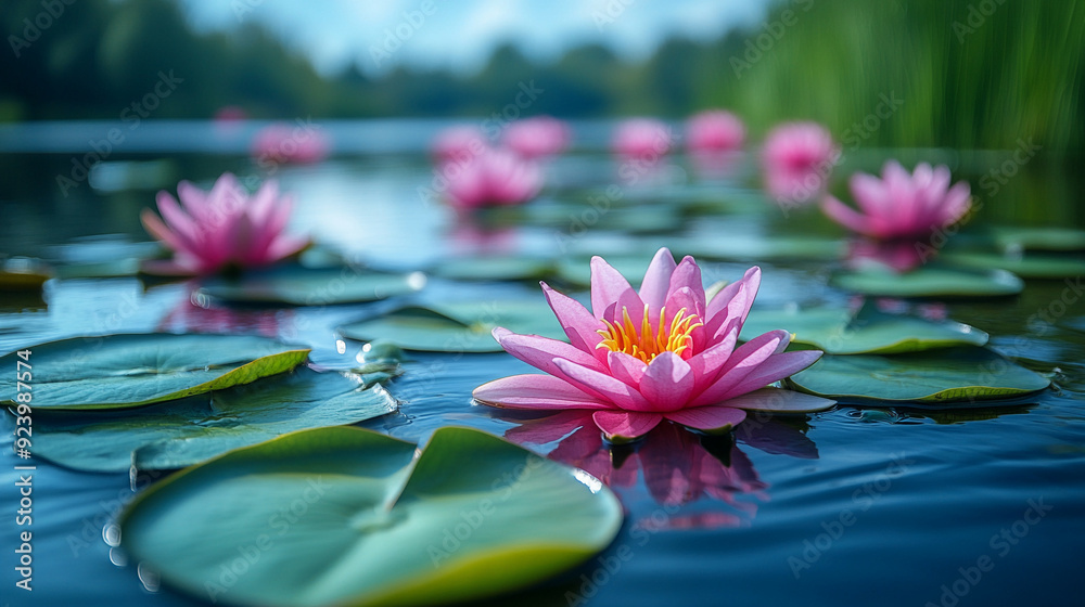 A picturesque spring lake with blooming water lilies A picturesque spring lake with blooming water lilies