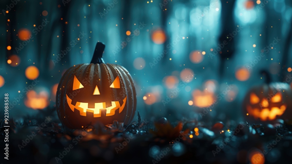 Fototapeta premium A collection of glowing jack-o'-lanterns with various facial expressions, set in a dark forest. The pumpkins and jack-o'-lanterns create a haunting Halloween scene.