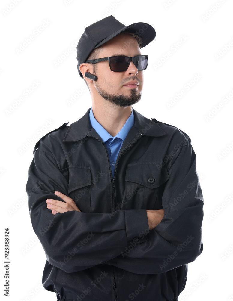Security guard in uniform and sunglasses isolated on white Security guard in uniform and sunglasses isolated on white