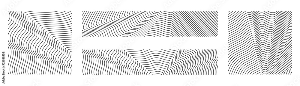 Sound wave irradiation or circular vibrations on the water surface. Set of circular tree rings backgrounds. Abstract radial oblique smooth lines pattern. Vector collection of monochrome backdrops.