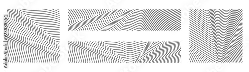 Sound wave irradiation or circular vibrations on the water surface. Set of circular tree rings backgrounds. Abstract radial oblique smooth lines pattern. Vector collection of monochrome backdrops.