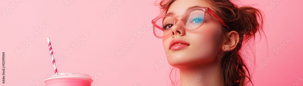 Stylish Teenager Enjoying Seasonal Pink Drink in Studio with Clean Background and Copy Space for Text Stylish Teenager Enjoying Seasonal Pink Drink in Studio with Clean Background and Copy Space for Text