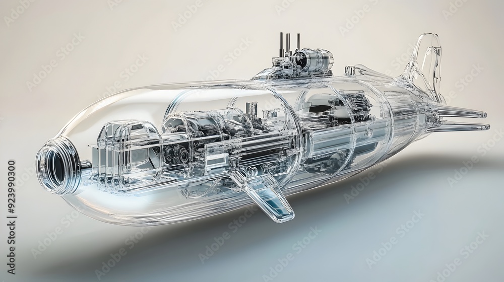 Transparent Glass Submarine with Detailed Internal Compartments and Visible Periscope Transparent Glass Submarine with Detailed Internal Compartments and Visible Periscope