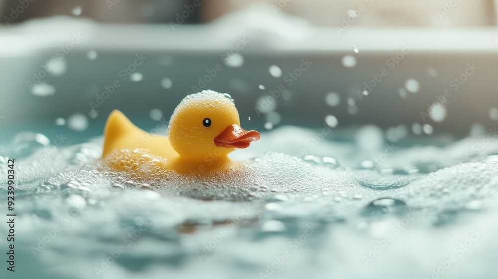 An iconic yellow rubber duck floating amidst foamy bubbles in a bath, evoking a sense of nostalgia and childhood playfulness in a serene bathroom environment.