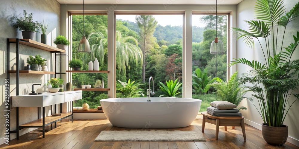 Relaxing Bathroom with Lush Greenery and a View, bathtub , bathroom , nature , spa , green Relaxing Bathroom with Lush Greenery and a View, bathtub , bathroom , nature , spa , green